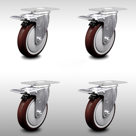 Service Caster 5 Inch SS Maroon Polyurethane Top Plate Caster Set Total Lock Brake SCC SCC-SSTTL20S514-PPUB-MRN-4